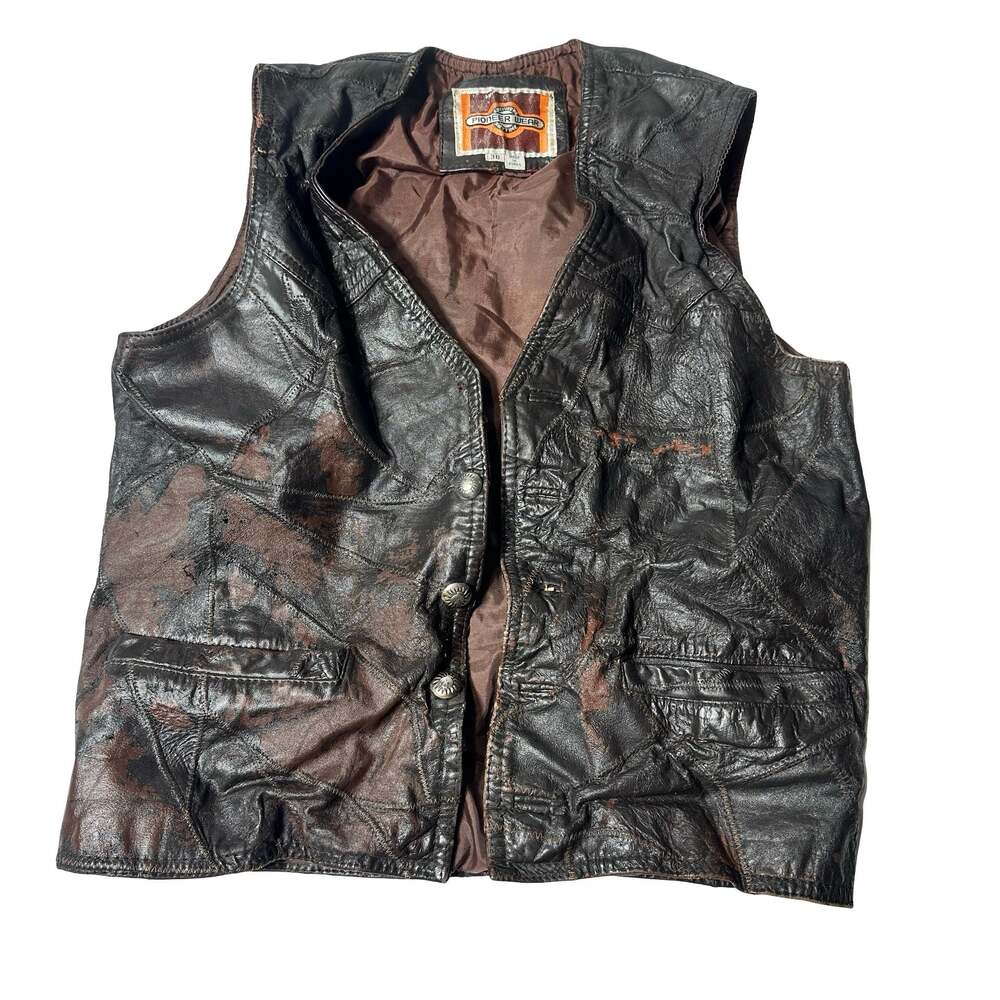 Vintage Pioneer Wear Genuine Leather Patchwork Biker Vest Brown Size 36 USA